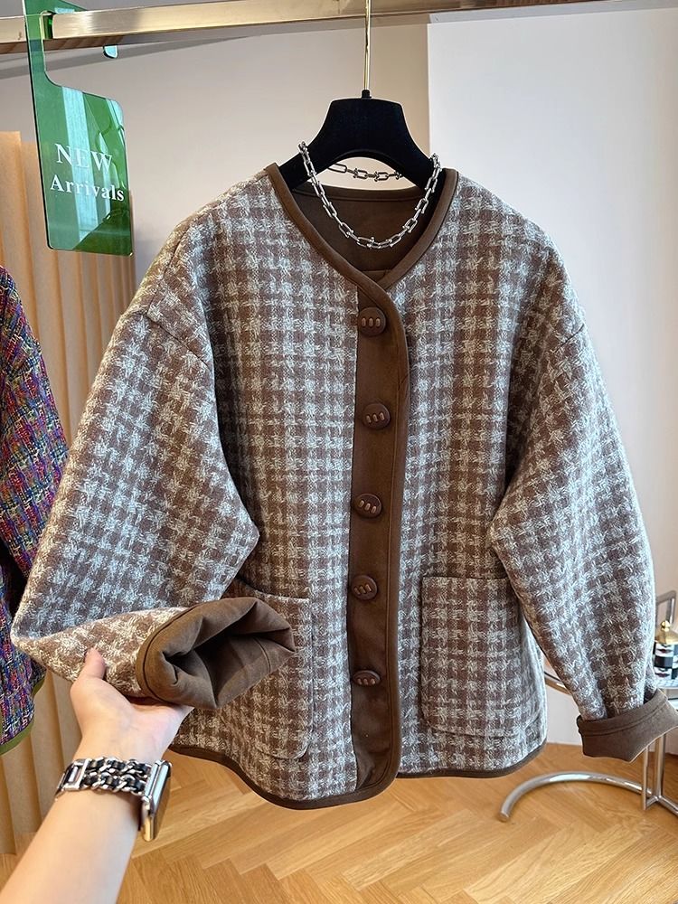 Veste en Tweed populaire coréenne élégante, ample, mode col rond, manteau en Tweed tissé pour hommes et femmes, tendance américaine d'automne, haut en daim esthétique