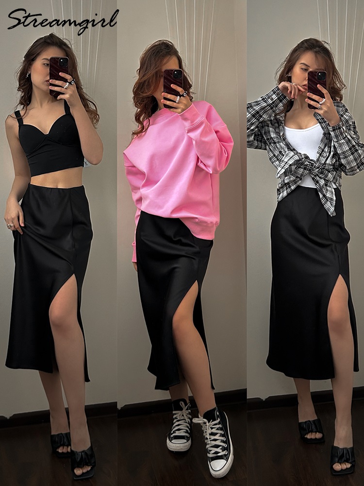Jupe mi-longue en satin noir pour femme, taille élastique, fendue, bureau, ligne A, haute qualité