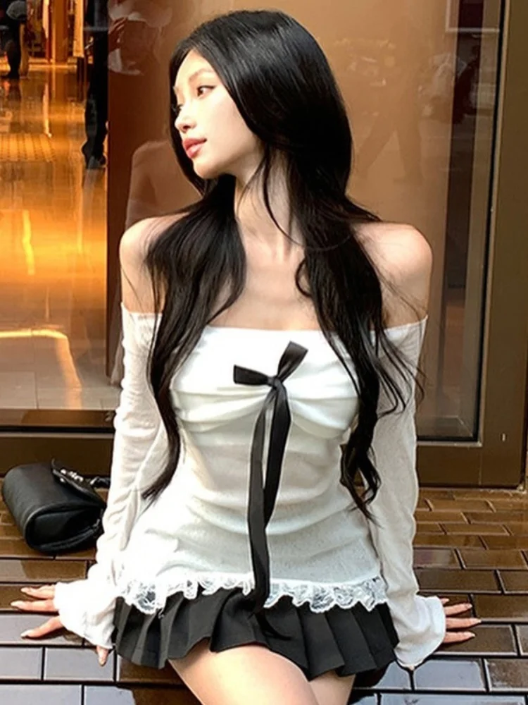 Chemises décontractées à manches longues pour femmes, Streetwear en maille, Haut Y2K à manches tombantes, Noeud à lacets, Slash Neck, Vêtements sexy, Blanc, Mode