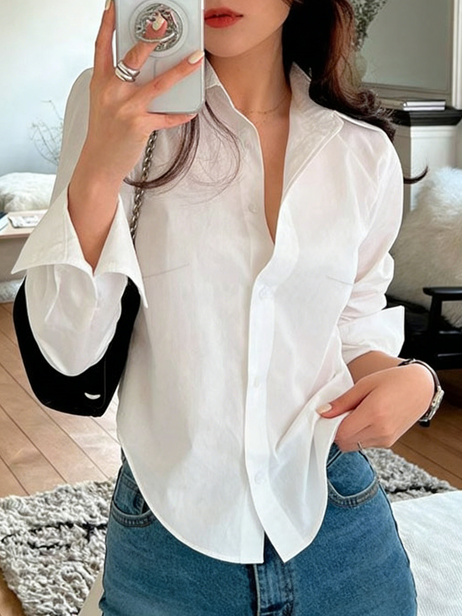 Chemise boutonnée pour femme à col chemise, manches longues, unie, tissée, coupe ample, légère, chic, pour le quotidien, printemps-été