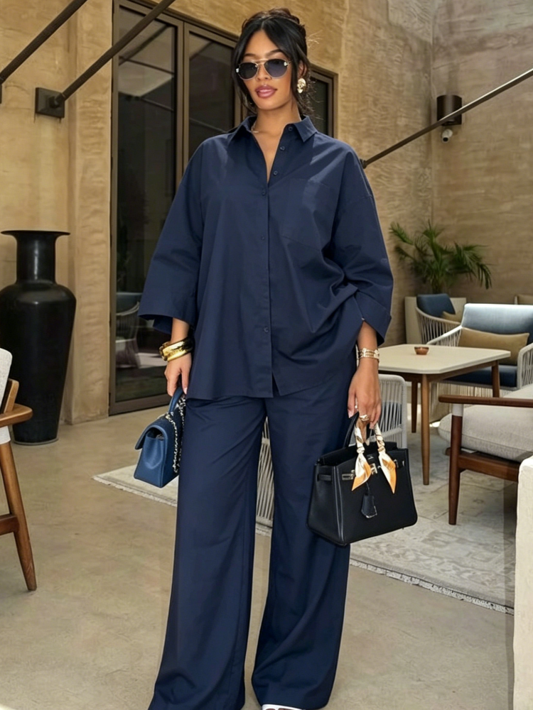 Ensemble décontracté chemise et pantalon pour femme, col rabattu simple boutonnage, haut et pantalon large taille haute, collection Printemps-Été 2026
