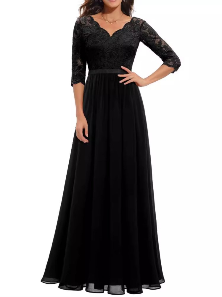 Mode dentelle Robe ample pour les femmes élégant solide trois quarts col en V taille haute robes Robe Femme formelle soirée nouveau