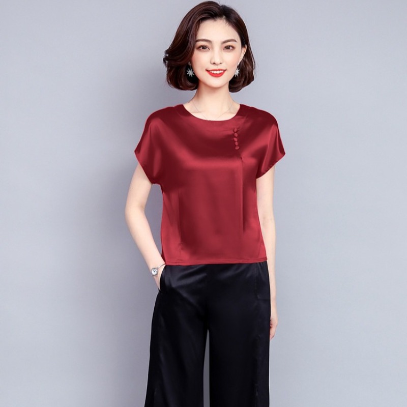 Chemisiers en mousseline de soie pour femmes, couleur unie, style soie, manches courtes, été