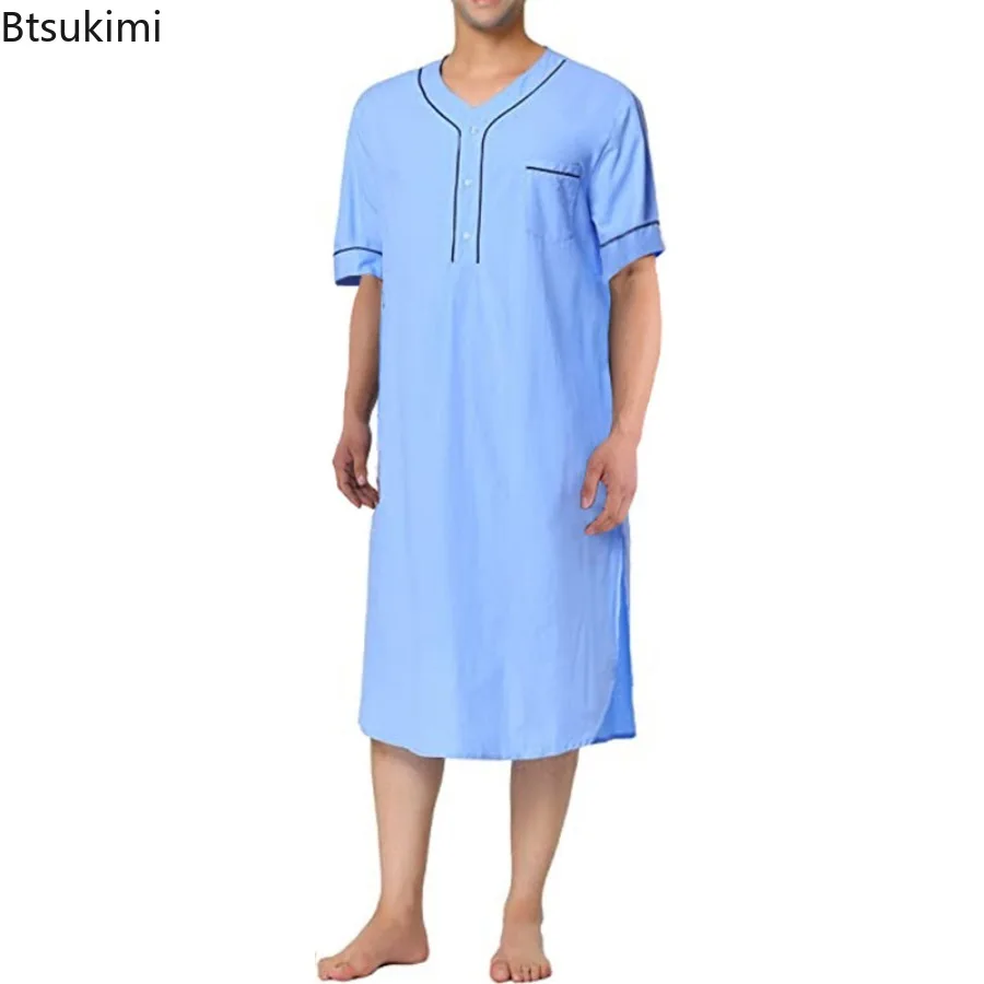 Nouveau 2026 hommes mode musulmane Robes robe à manches courtes solide coton ample col rond loisirs chemise de nuit hommes peignoirs Homewear Abaya
