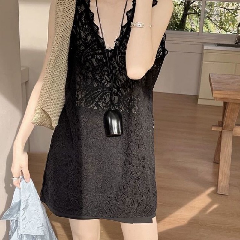 Gilet sans manches ajouré à col en v pour femmes, pull décontracté en dentelle ample, couleur unie, haut polyvalent et élégant pour femmes