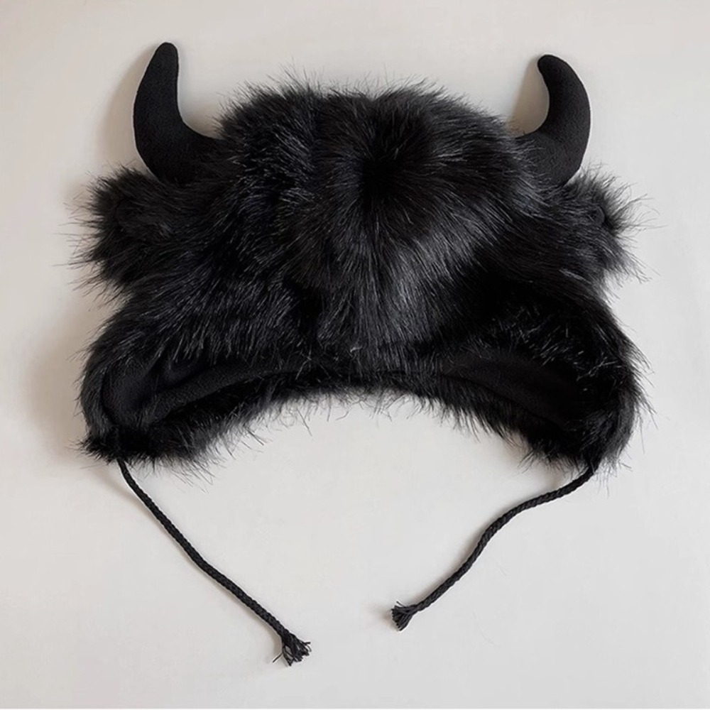 Chapeau Bullhead unisexe de haute qualité, chapeau en fourrure de bison épaisse et moelleuse avec cornes, chapeau coupe-vent avec cache-oreilles