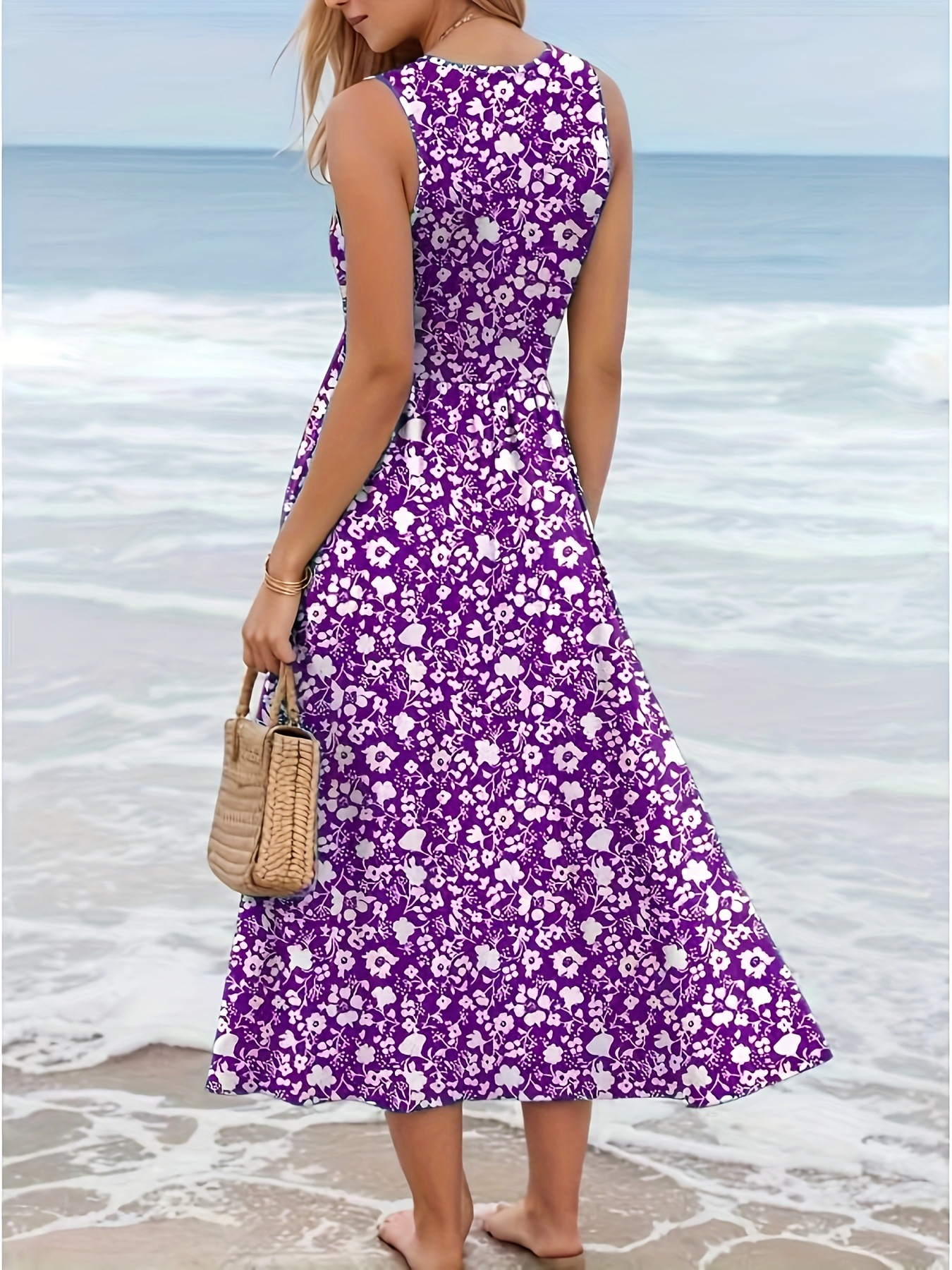 Robe longue d'été sans manches pour femme, col en U, imprimé floral bohème, fluide, décontractée, pour la plage et les vacances