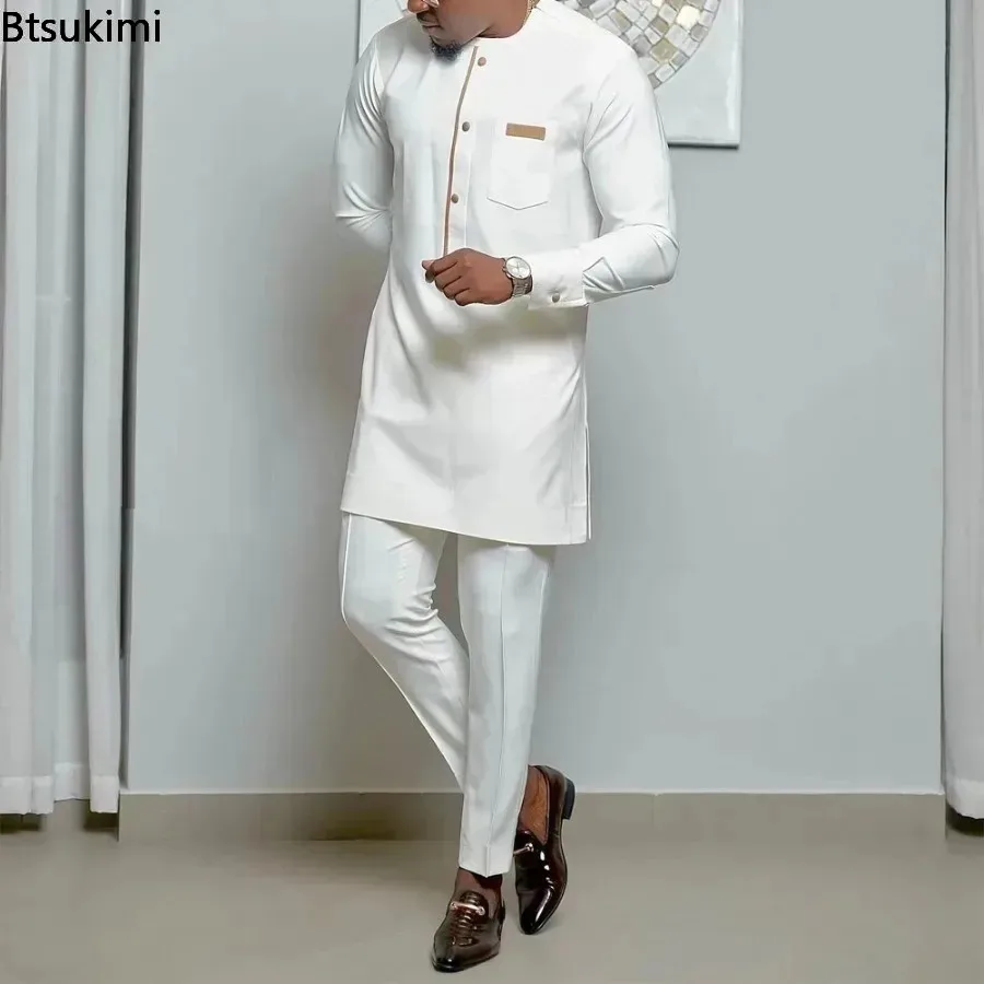 Ensemble Homme Tenue de Mariage Africaine Perles Manches Longues Haut et Pantalon Kaftan Vêtements Traditionnels Costumes Ethniques Décontractés Costume 2 Pièces pour Homme