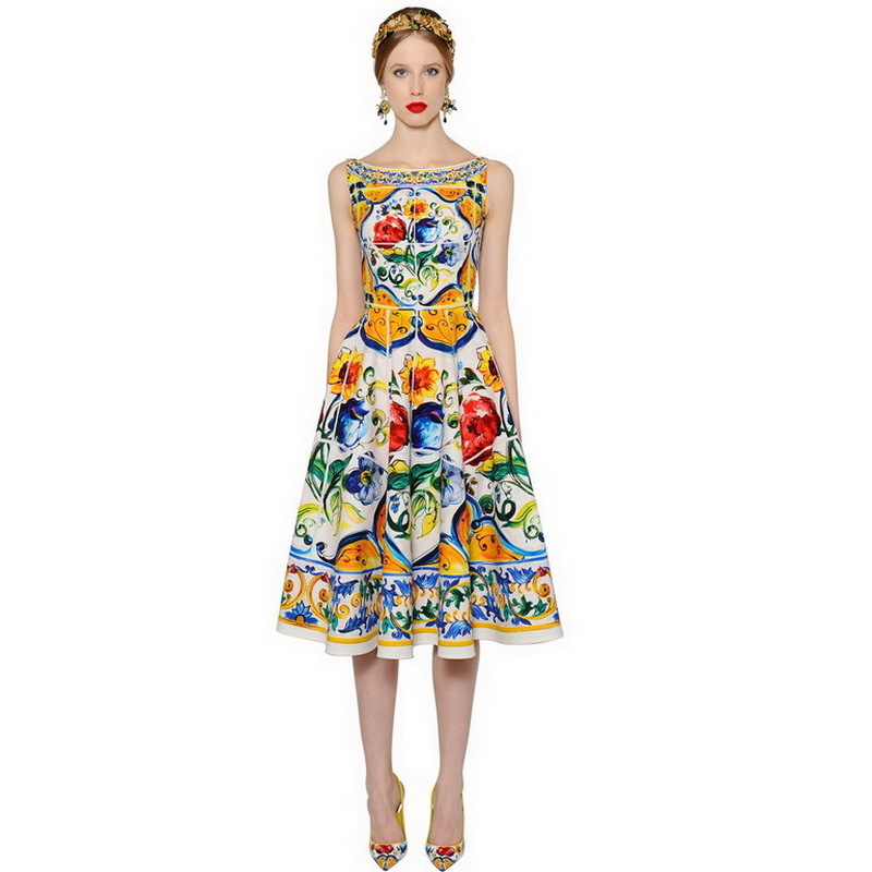 Robe mi-longue de luxe pour femmes, imprimé Floral multicolore, pour les vacances à la plage, élégante, sans manches, ligne a, 2025