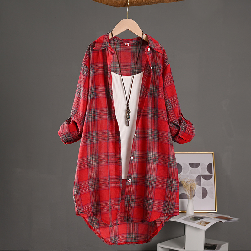 Chemise boutonnée à manches longues pour femmes, chemisiers en lin, style chinois, haut vintage, vêtements à carreaux