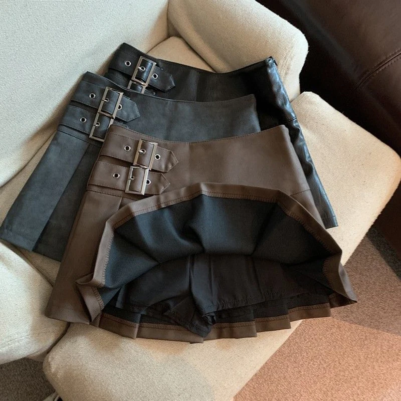 XS-3XL Y2K Pu cuir Mini jupes femmes Streetwear taille haute jupe plissée Vintage coréen noir mince décontracté une ligne jupes