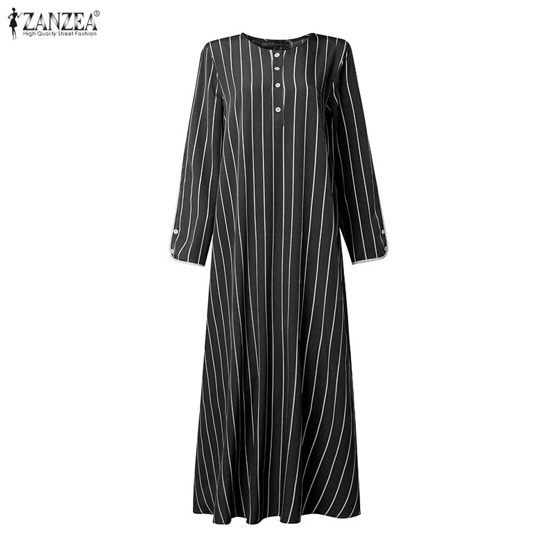 Robe longue rayée modeste musulmane pour femme, décontractée, ample, col rond, manches longues, avec bordure contrastante, Abaya, Kaftan islamique ZANZEA pour Hijabis