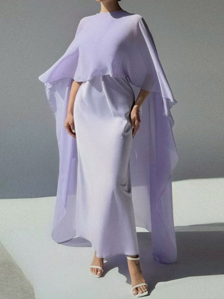 Robe Maxi en Satin pour femmes, grande taille, avec Cape en mousseline de soie, ample, élégante, sans manches, robe formelle, tenue de Festival décontractée, été