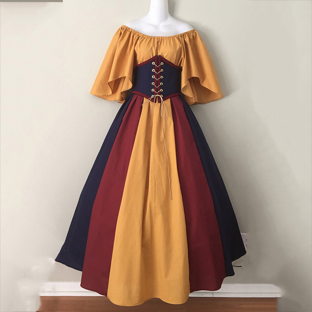 Robe longue gothique médiévale et Renaissance pour femme, style patchwork, épaules dénudées, idéale pour Halloween