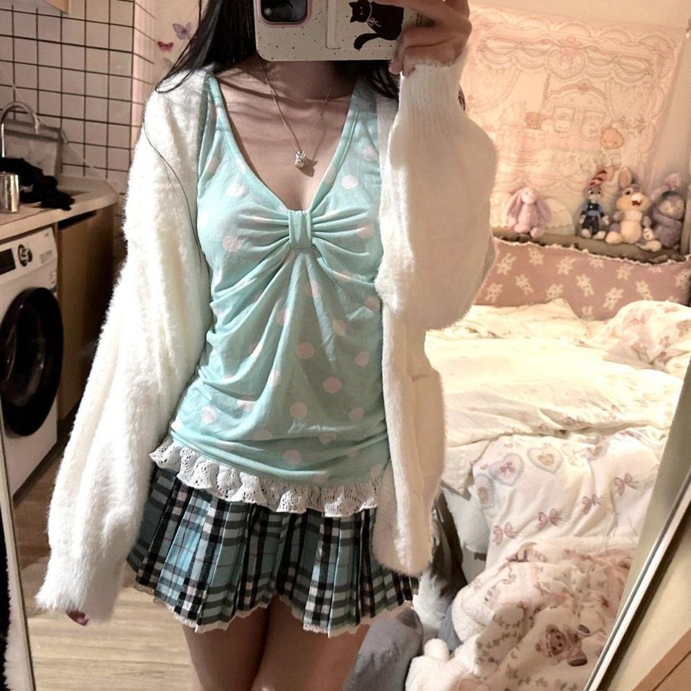T-shirts Kawaii, Vêtements Femme, Débardeur Japonais, Gilet Doux, Hauts sans manches vintage à pois pour femme, Camisoles d'été tendance, Débardeurs slim à volants