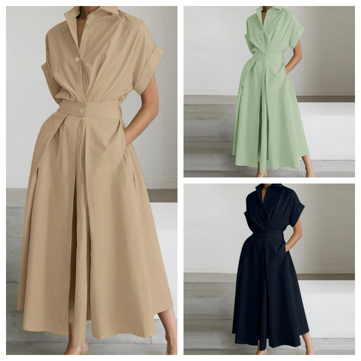 Robe élégante pour femmes, mode été, taille haute, boutons, manches courtes, décontractée, couleur unie, combinaison printemps été, jupe longue