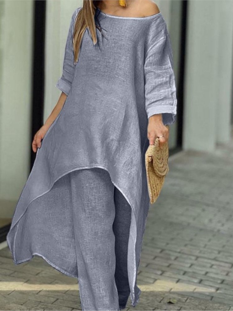 Ensemble pantalon Long en coton et lin pour femmes, mode solide, décontracté, hauts irréguliers, jambes larges, costumes de bureau, ensemble deux pièces, vêtements