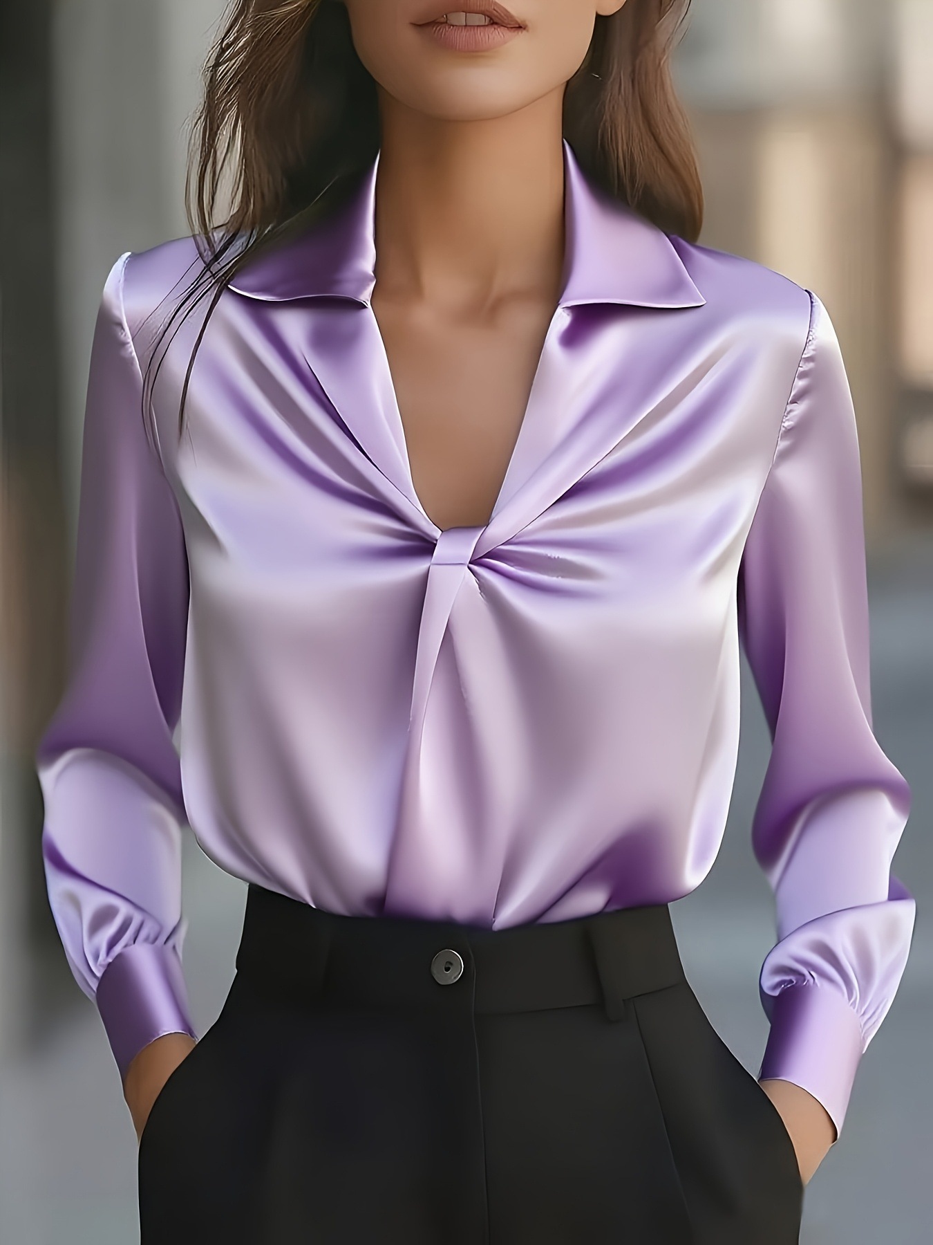 Chemise plissée en satin à manches longues pour femmes, couleur unie, mode automne