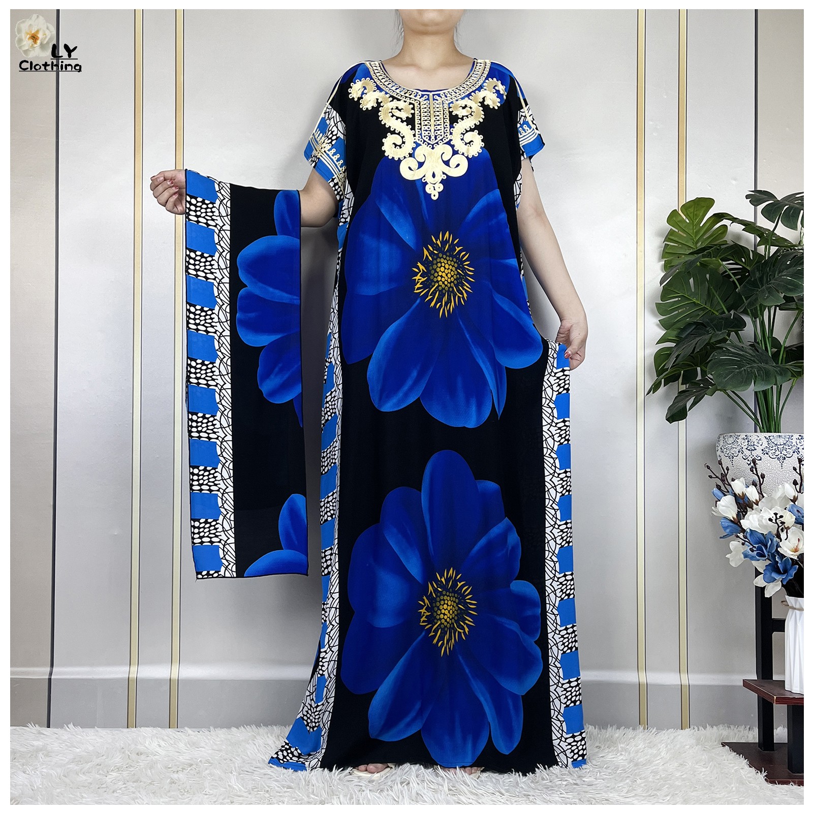 Robe à manches courtes en coton imprimé floral pour femmes, robes traditionnelles musulmanes africaines, petit foulard de sauna, été, Dubaï, nouveau, 2023