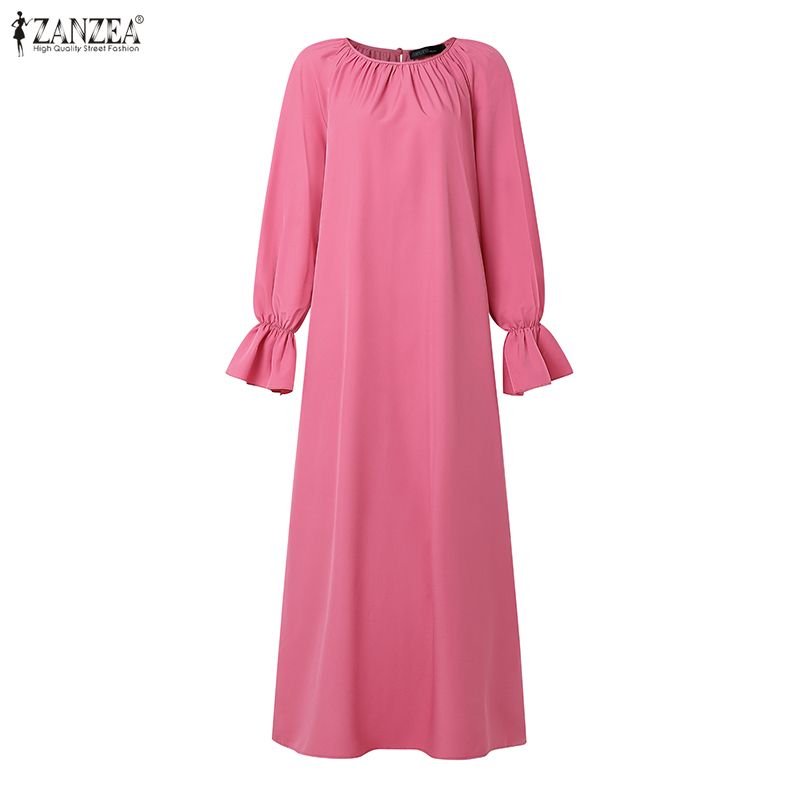 ZANZEA Robe longue modeste musulmane grande taille 5XL pour femme, décontractée, à col rond, manches longues, ample, Abaya, Kaftan islamique pour Hijabis