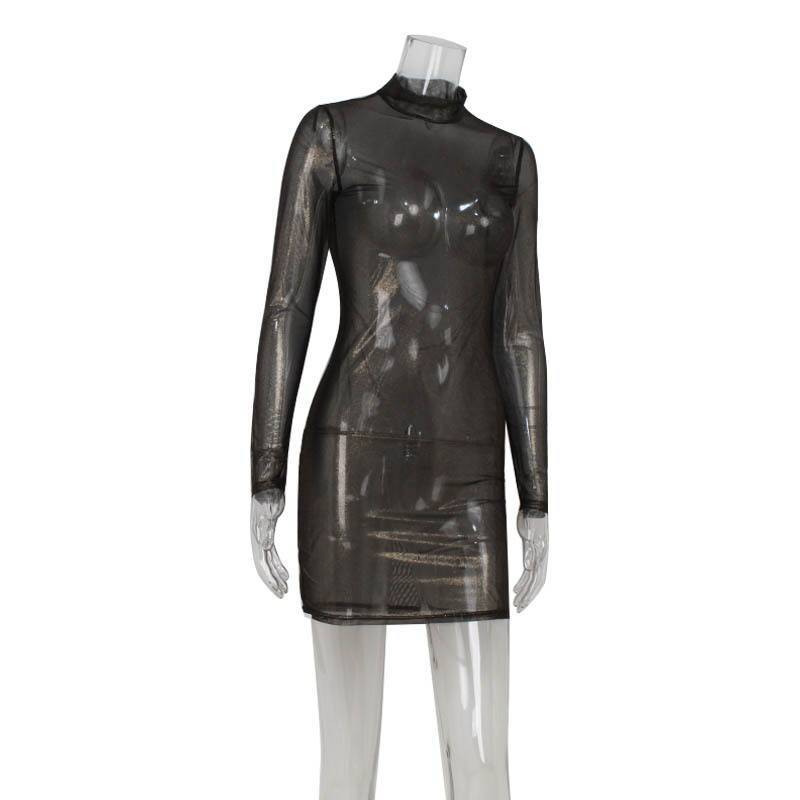 Robes en maille pour femmes, mode Sexy, Clubwear, manches longues, col roulé, slim, transparent, enveloppant les hanches, Mini Robes féminines