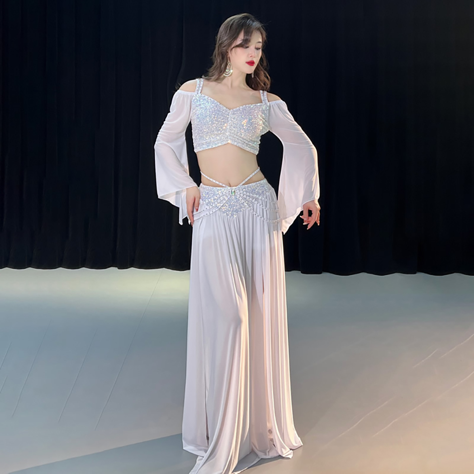 Ensemble de costumes de danse du ventre, haut et jupe à paillettes, maille de printemps pour femmes adultes, vêtements de pratique personnelle pour spectacle sur scène