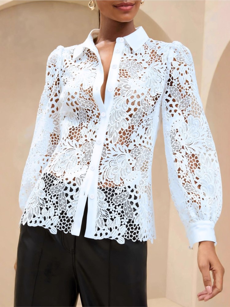 Femme printemps automne nouvelle chemise de couleur unie à la mode dentelle découpe à manches longues ajusté haut à revers 2025 élégant dame Blouses