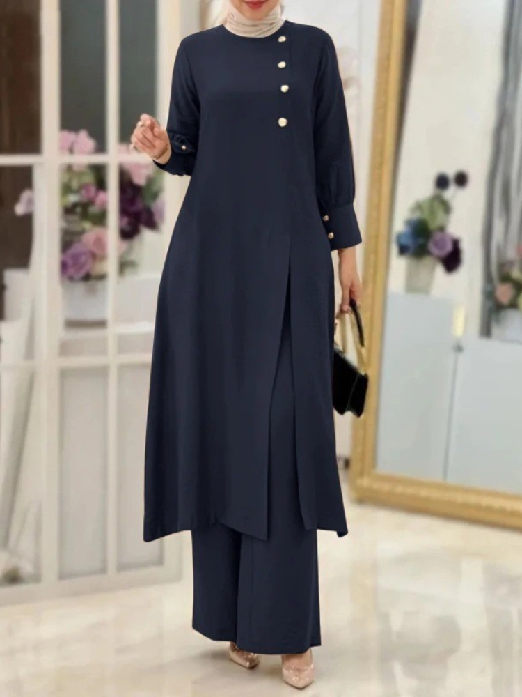 Ramadan femmes Eid musulman deux pièces Ensemble chemisier fendu et pantalon Musulman Ensemble bouton chemise pantalon correspondant ensembles Femme Abaya 2024