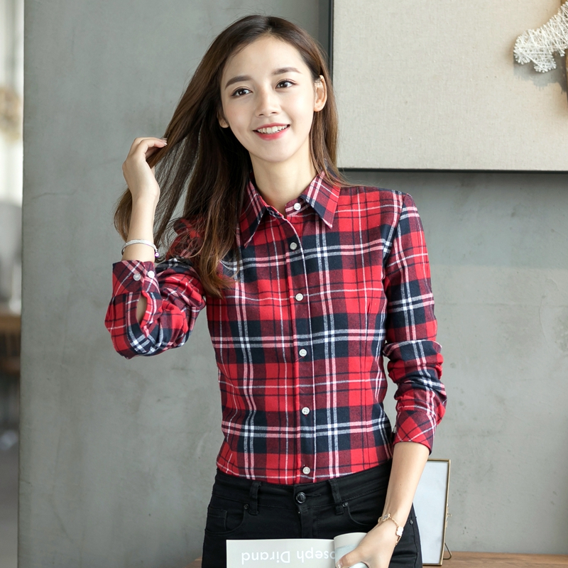 Chemise à carreaux à manches longues pour femmes, haut slim, chemisier en coton, automne et hiver, 2023, 600