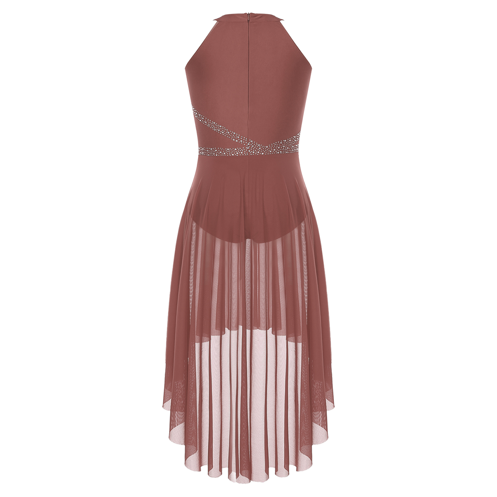 Robe de danse lyrique et contemporaine pour femme, col halter, en maille, justaucorps de gymnastique, ornée de strass, froncée, pour spectacle