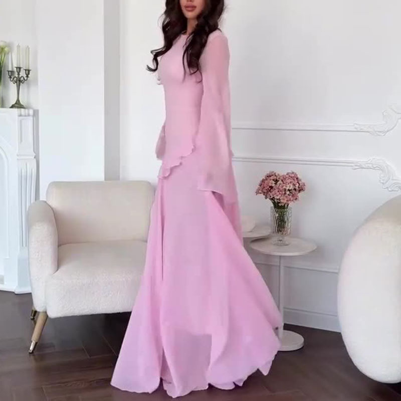 Robes pour femmes élégantes, col rond, couleur unie, à volants, robe de soirée plissée, manches évasées, à nouer, vêtements féminins Slim, printemps automne