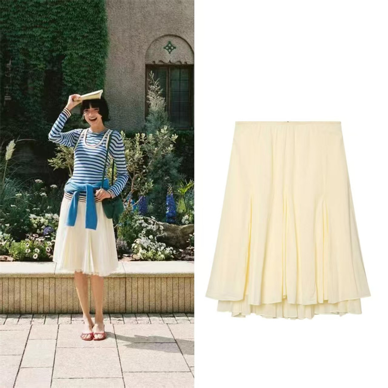 Jupe pour femme 2026 – Jupe midi élégante jaune double couche superposée décorative haut de gamme pour soirée estivale