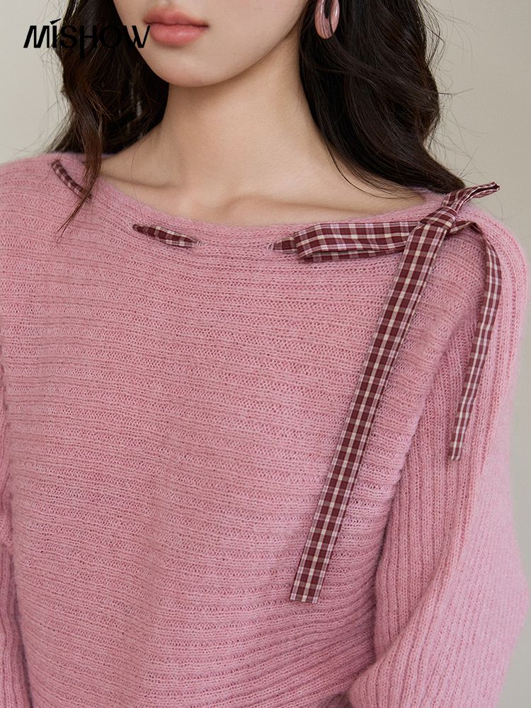 Pull en maille côtelée rose pour femme MISHOW, collection Printemps 2026, avec nœud décoratif à carreaux, ourlet peplum, manches longues, coupe ajustée, décontracté, MXF11Z3016