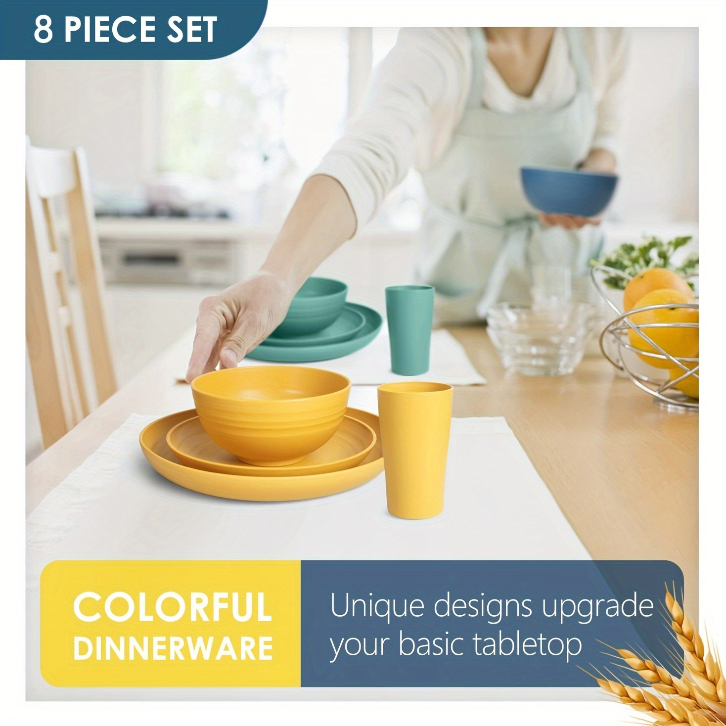 Service de vaisselle en plastique de cuisine 32 pièces, service pour 8 assiettes queplate, assiette à dessert, bols à céréales, standard, incassable