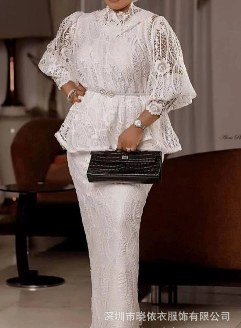 Ensemble jupe deux pièces pour femmes, robe à manches bouffantes, hauts en dentelle florale, taille haute, Streetwear Y2k, jupes longues élégantes pour mariage
