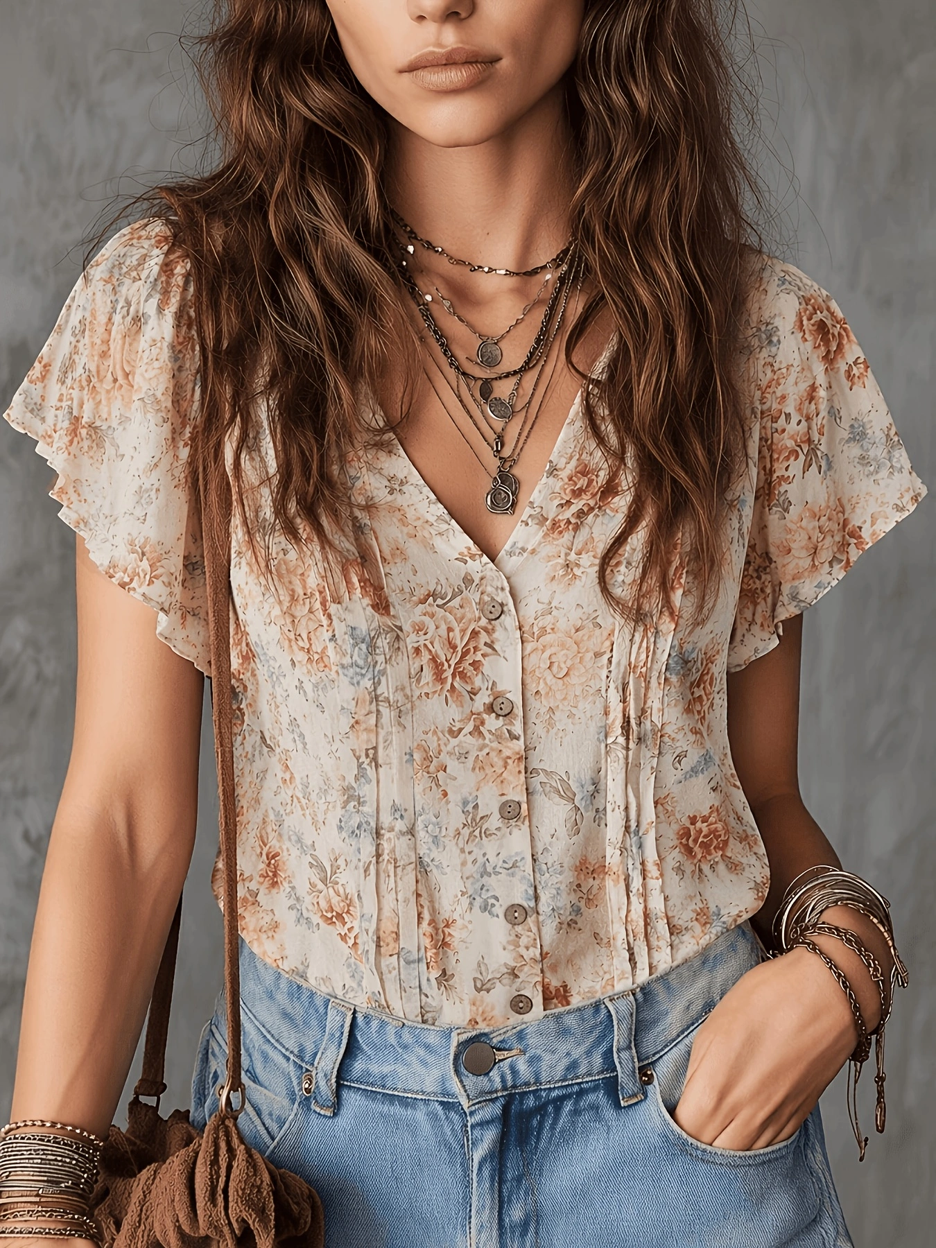 Chemisier Bohème Vintage à Imprimé Floral pour Femme, Col en V, Manches Courtes Volantes, Boutons sur le Devant, Plissé, en Chiffon Décontracté