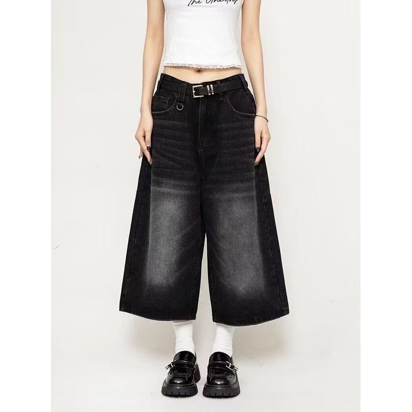 Shorts en jean délavé vintage pour femme, taille haute, coupe ample, longueur genou, style Y2K, streetwear décontracté, mode coréenne