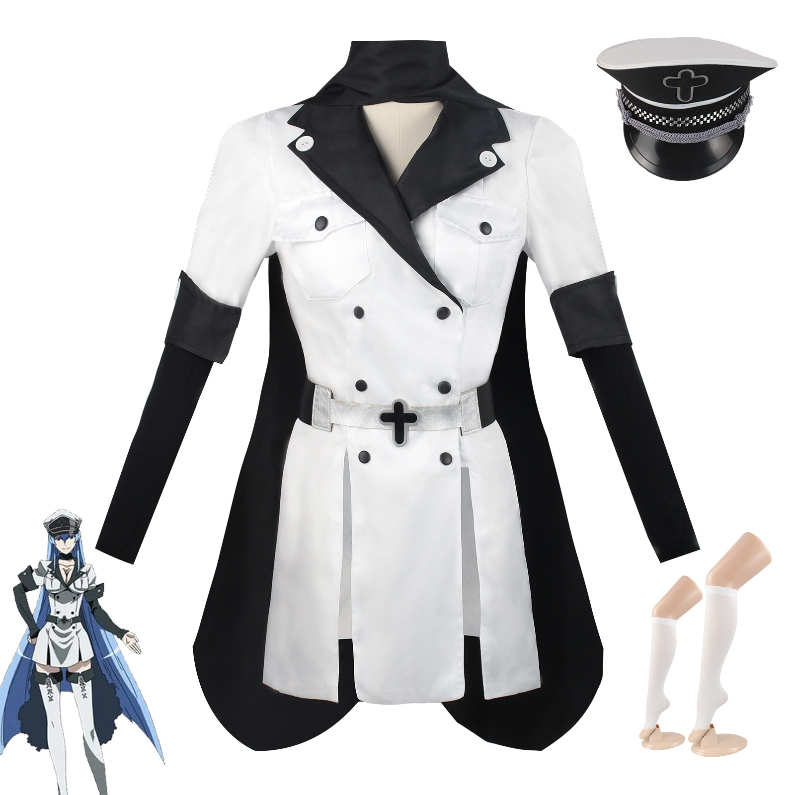 Costume de Cosplay Akame Ga KILL Esdeath pour Homme et Femme, Ensemble Complet avec Chapeau et Chaussettes, Tenues de ixGénérales