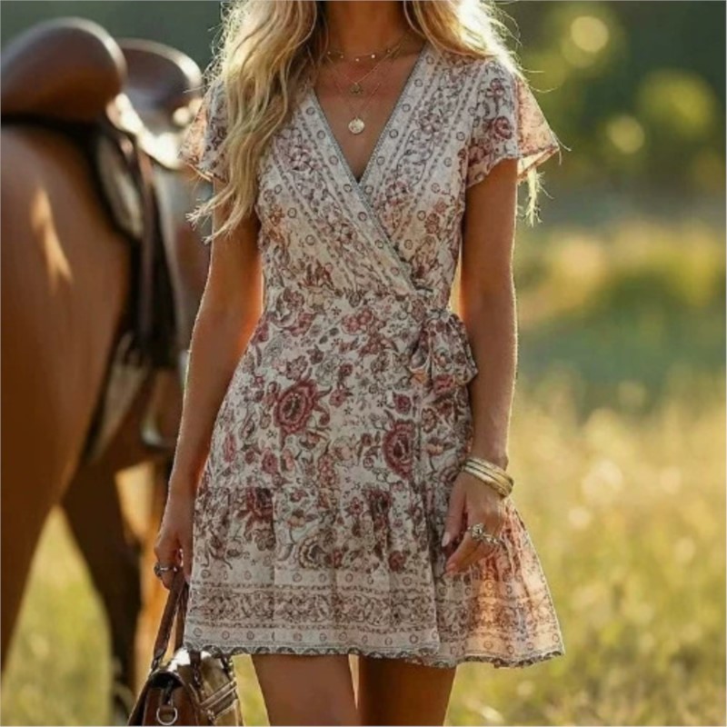 Robe Courte Plissée Vintage Bohème Imprimée pour Femme, Col en V, Manches Courtes, Taille Haute, Idéale pour les Vacances Décontractées – Collection Été 2026