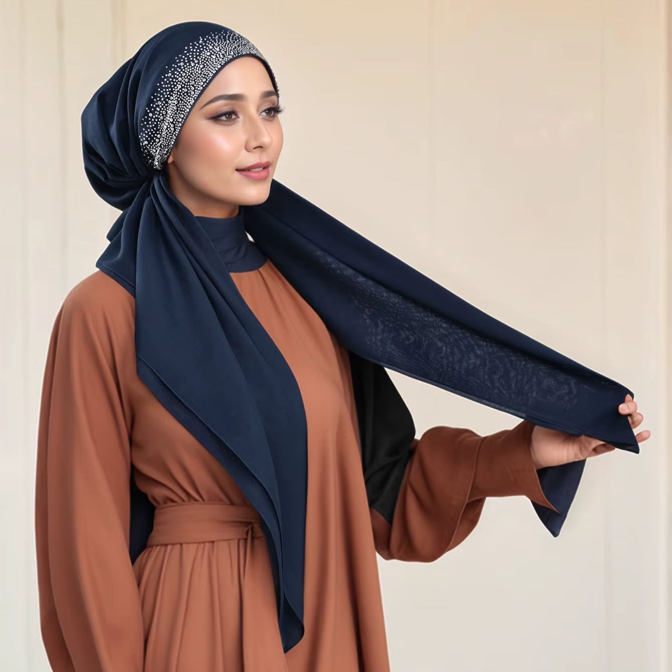Hijab instantané en coton uni pour femme, avec deux queues, orné de strass, turban doux en coton de couleur unie, idéal pour le Ramadan