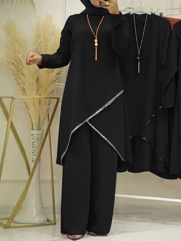Ensemble deux pièces musulman pour femmes, chemise à manches longues, chemise à col rond, pantalon à jambes larges, décontracté, luxe, printemps et automne