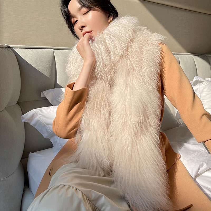 Écharpe en vraie fourrure de mongolie pour femme, épaisse, longue et chaude, en fourrure du Tibet, moelleuse, de luxe, à la mode, hiver 2023