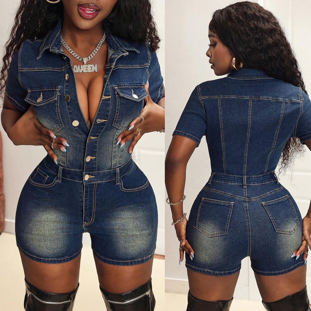 Barboteuse une pièce en Denim pour femmes, Sexy, moulante, Streetwear, Club Y2k, tenues à la mode, poches, boutons, short en Jean délavé, combinaison
