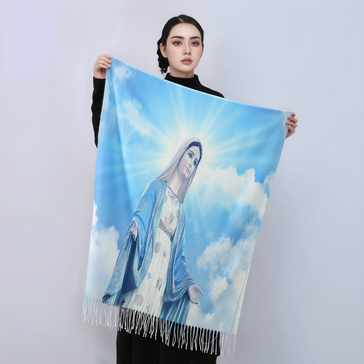 Nouvelles femmes vierge marie Portrait imprimer cachemire écharpe gland châle épais Fatima châle enveloppement hiver ethnique prière écharpe 180*70 cm