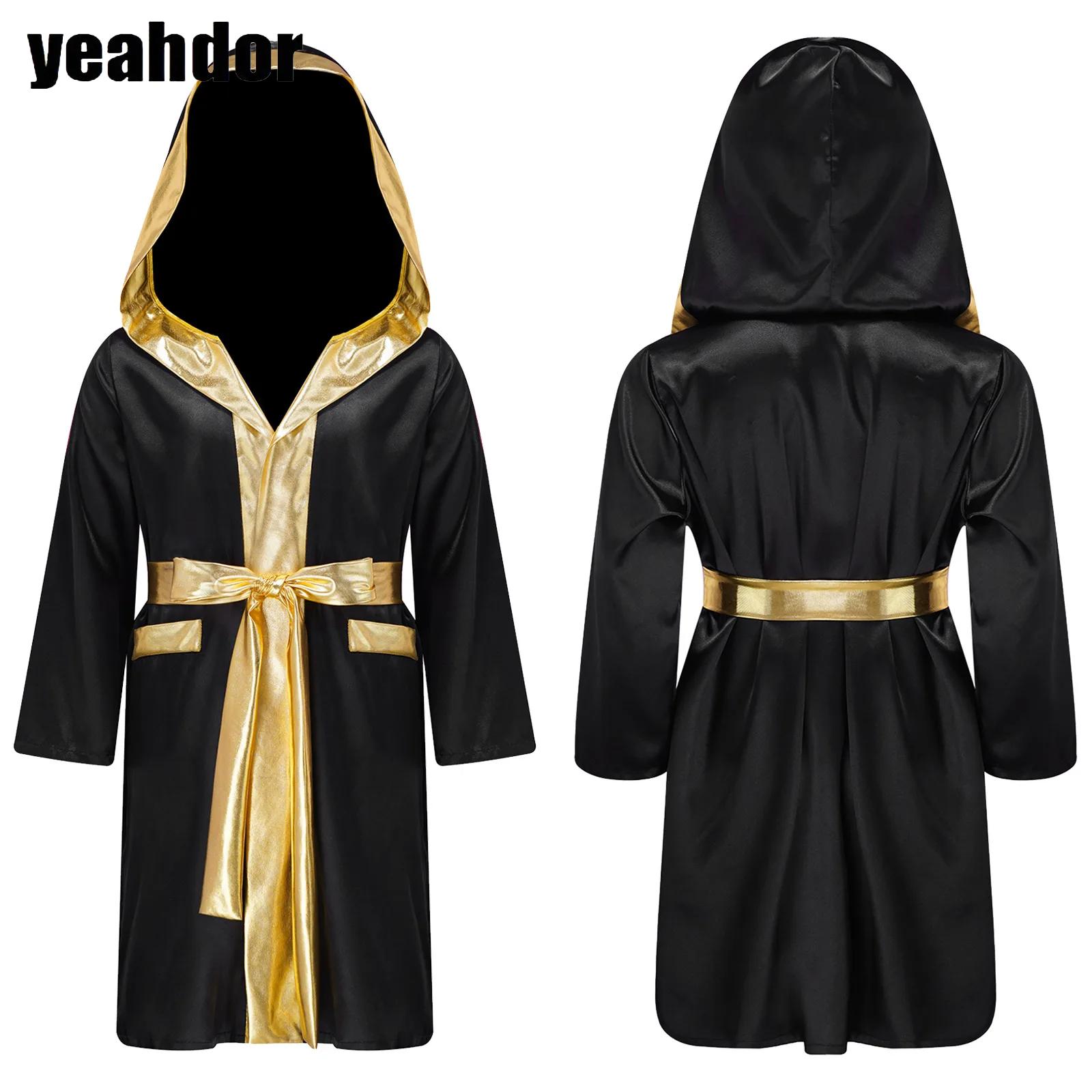 Robe de boxe en Satin pour filles et garçons, cape à capuche, manches longues, ouverte sur le devant, Robe de Kickboxing, uniforme de jogging thaïlandais de combat, fête d'halloween
