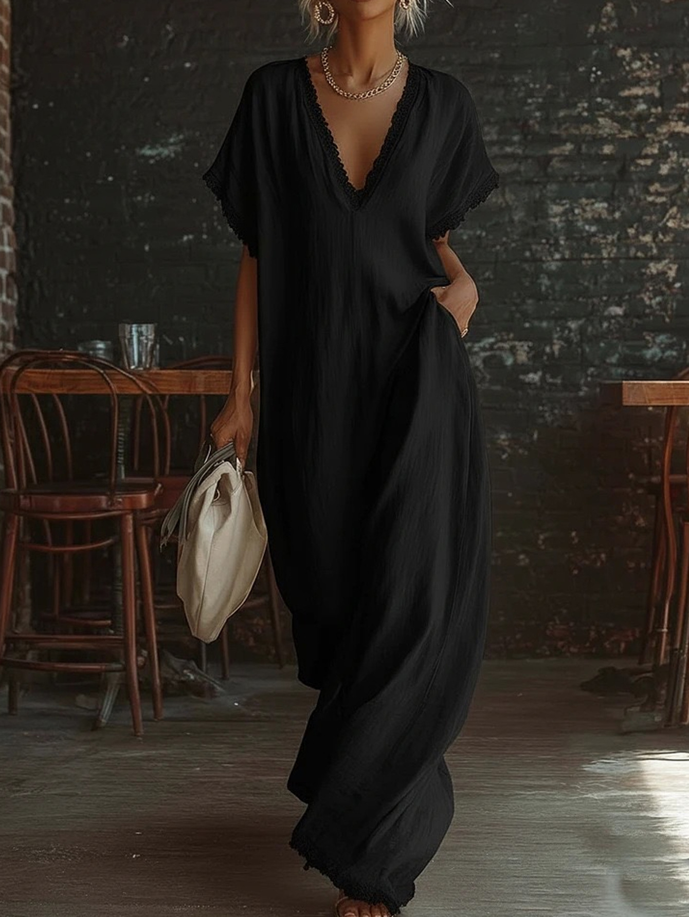 Robes décontractées pour femmes Tendances 2026 Robe longue ample sexy à col en V et dentelle Manches courtes d'été Robe longue bohème pour les vacances