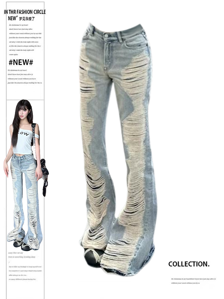 Été femmes Goblin Core Abi Grunge Cyber Punk Flare Jean Y2k japonais Harajuku taille basse déchiré Denim pantalon 2000s cloche-bas