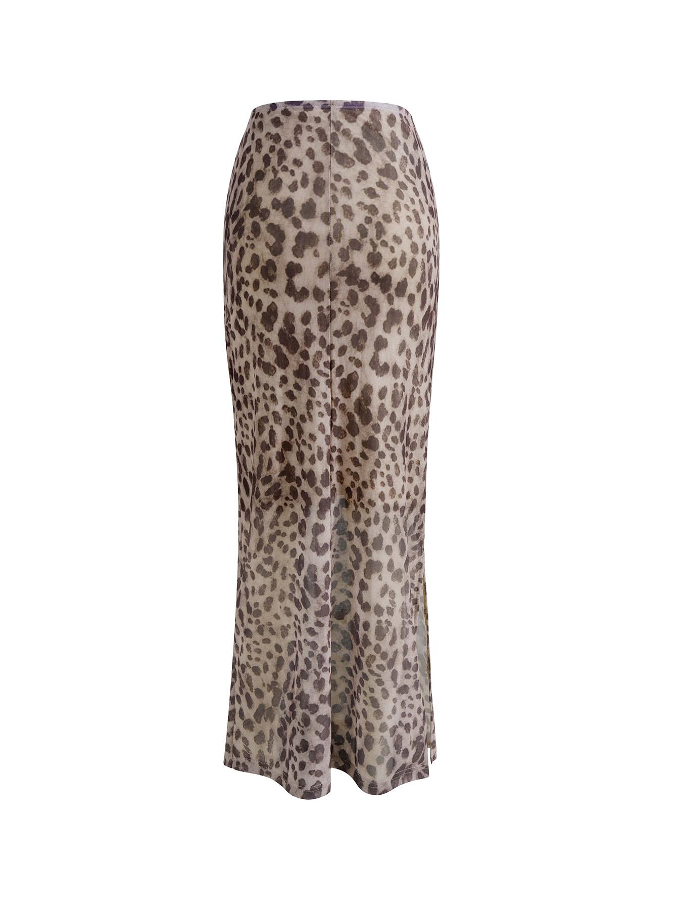 Jupe longue en maille imprimé léopard taille haute pour femme, coupe ajustée en H, design fendu, bas de tenue polyvalent et tendance