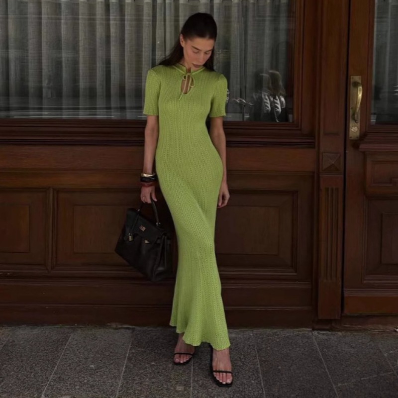Nouvelle Robe Longue Tricotée à Manches Courtes, Coupe Moulante, Style Sirène, Élégante, avec Découpes, Lacets et Patchwork Côtelé pour Femme
