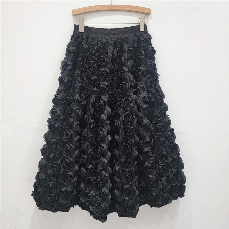 Jupe pour femmes 2025 été polyvalent fleur tridimensionnelle mi-mollet jupe taille haute grande balançoire mode a-ligne jupes longues